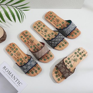 Manufacturer Wholesale Summer Trendy Massage One-Line Slippers for Couples Non-Slip Home Wooden Massage Slippers