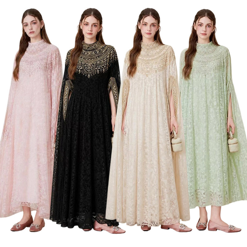 European and American style heavy lace embroidered sequin long-sleeve dress for women, summer loose-fitting, tummy-concealing, slimming long dress European and American style heavy lace embroidered sequin long-sleeve dress for women, summer loose-fitting, tummy-concealing, slimming long dress