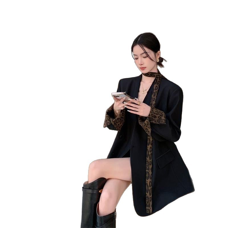 豹纹飘带翻边袖无领黑色西装2025女春季高级感宽松洋气休闲外套|undefined