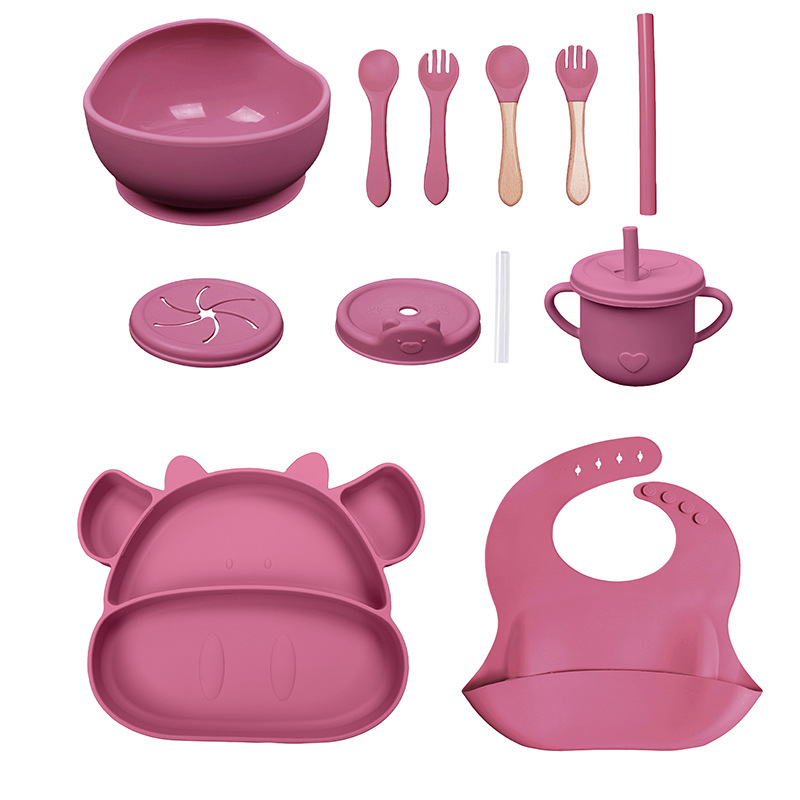 Conjunto de cubiertos para niños tazón de alimentos suplementarios platos de silicona tazón de cuchara de tenedor bib taza de agua de grado alimenticio para bebés alimentación suplementaria