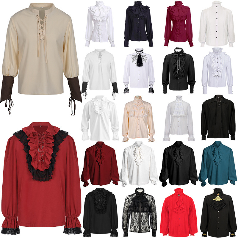 European and American Export Medieval Gothic Men's Shirts with Long Sleeves for Women, Solid Color Lace Multi-Color Tops, Cos Clothing