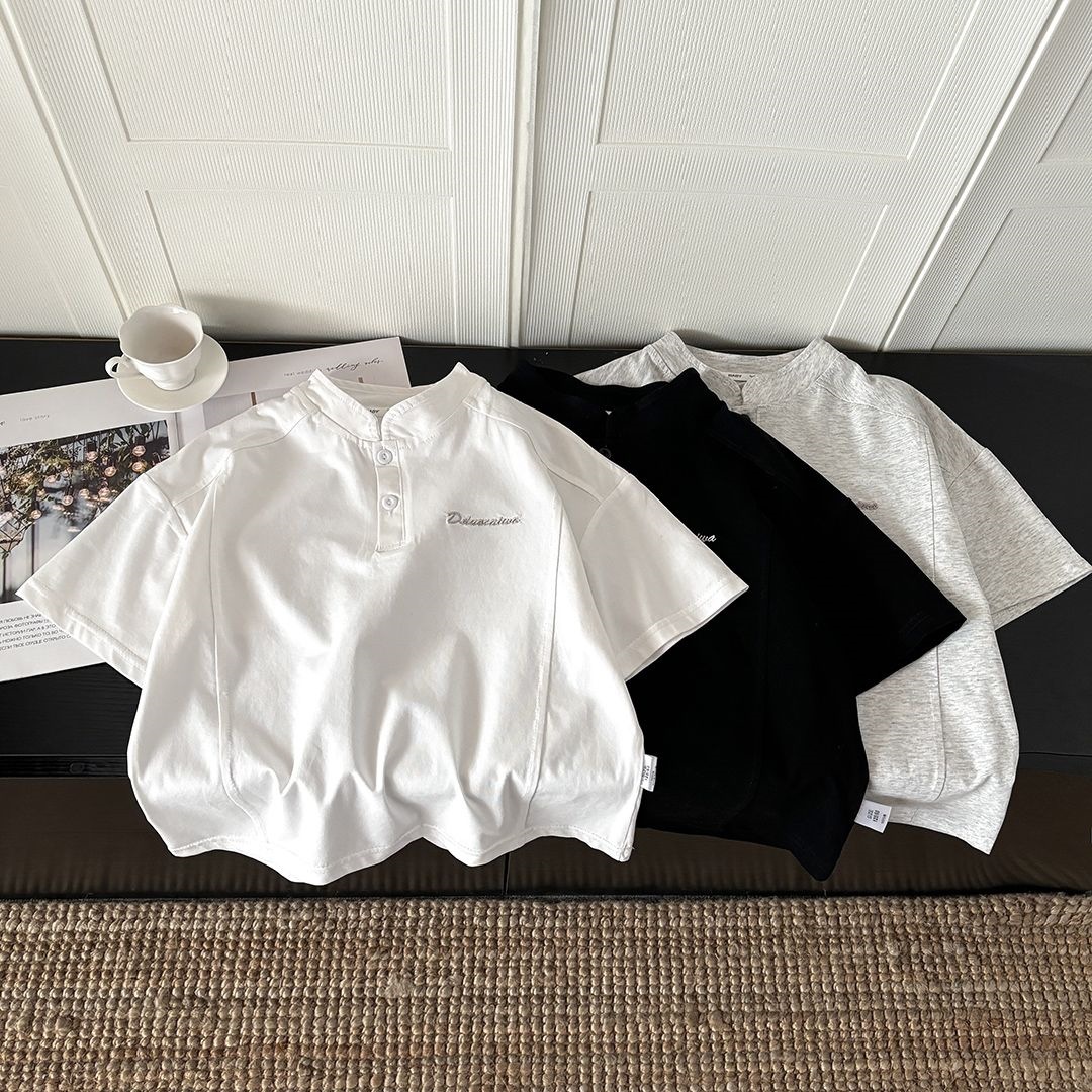 Children's summer cool cotton stand-up collar polo shirt, Korean style, boys and girls casual embroidered versatile t-shirt, medium to large size with hang tag.