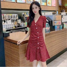 夏季新款韩版短袖中长款V领女气质收腰显瘦雪纺波点a字连衣裙