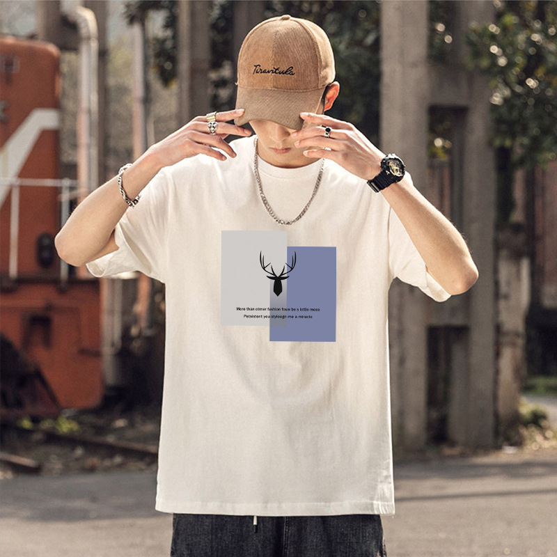 Camiseta de manga corta de los hombres de algodón de manga corta pie 230G pesada suelta marca de moda verano cuello redondo Camiseta de los hombres