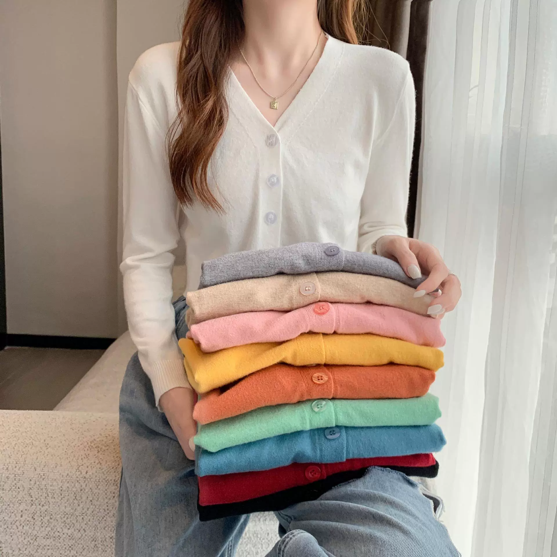 Женский короткий вязаный кардиган с V-образным вырезом, розовый, тонкий, высокая талия, новый стиль лето-осень 2025