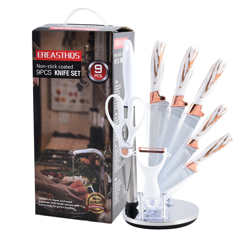 Yangjiang cuchillos de oro rosa acero inoxidable doble conjunto de nueve piezas conjunto de cuchillos domésticos de cocina