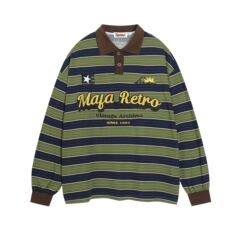 アメリカのレトロなスポーツは色を合わせてpoloシャツの秋の新型のストライプのアルファベットの長袖の上着を折ります。