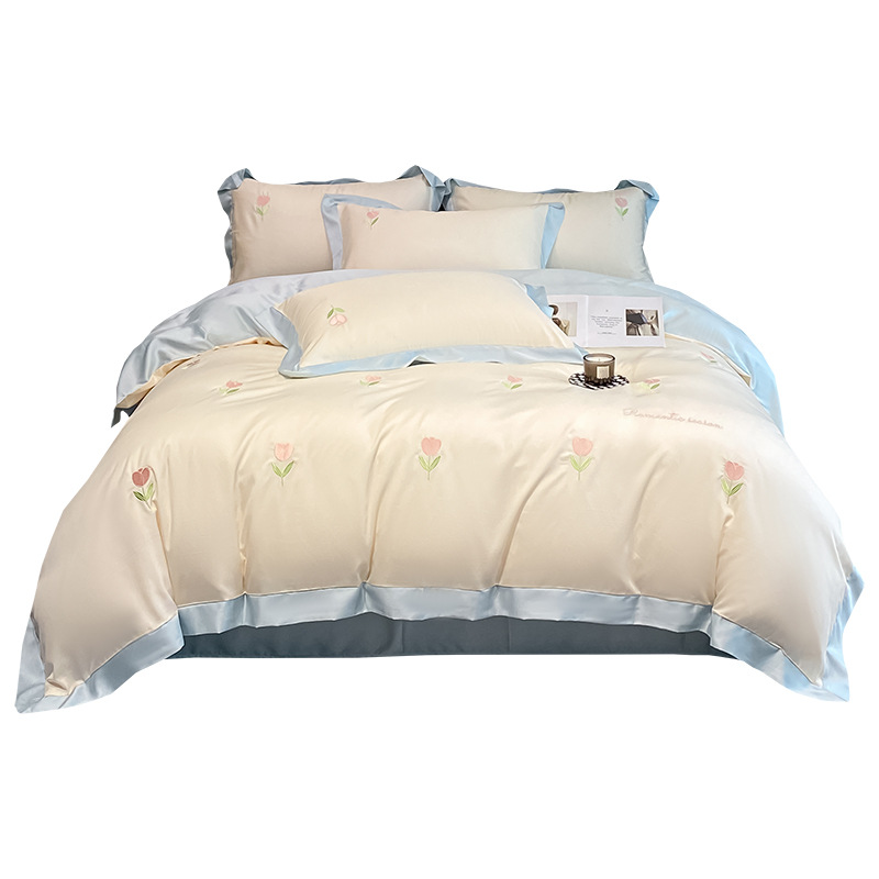 2025 verano lavado cama de seda de hielo juego de cuatro piezas sedoso sueño desnudo dormitorio de estudiantes ropa de cama de lujo ligero juego de tres piezas