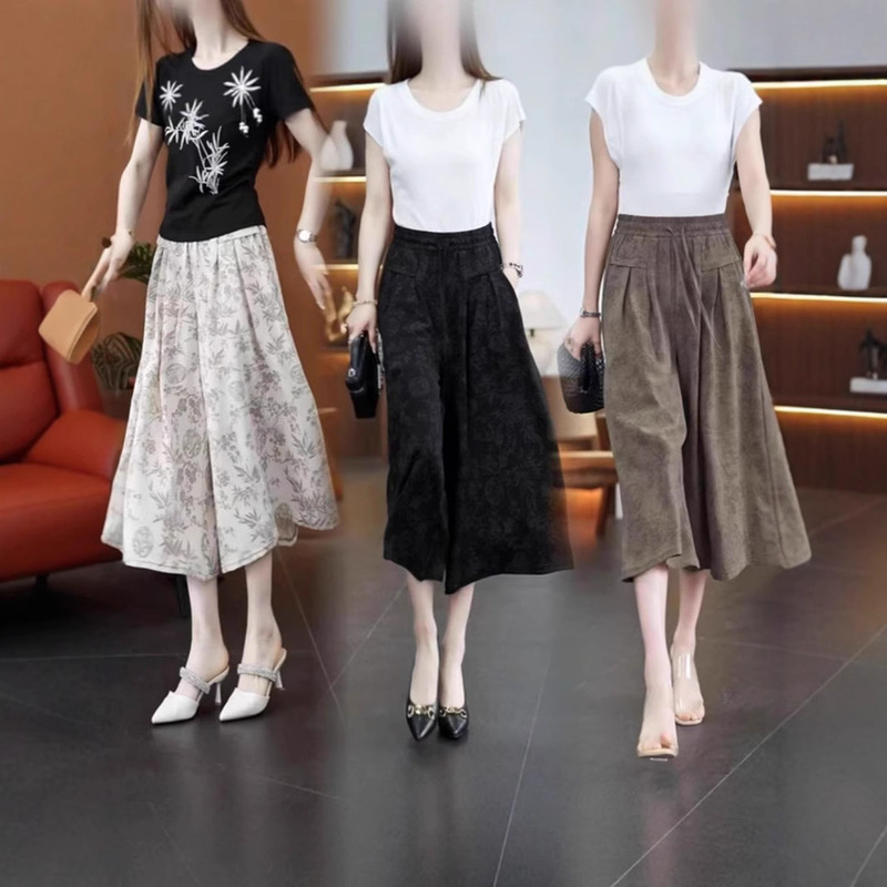Chinese Style Ice Silk Wide-Leg Cropped Pants 2025 Summer New High-Waisted Korean Style Casual Pants Loose Thin Culottes for Women