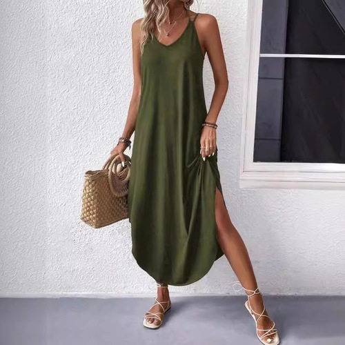 Summer European and American elegant style women's cotton polyester spaghetti strap V-neck solid color A-line women's dress