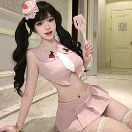 情趣内衣可爱分体奶心女仆露腰百褶短裙甜辣性感制服免脱套装4147