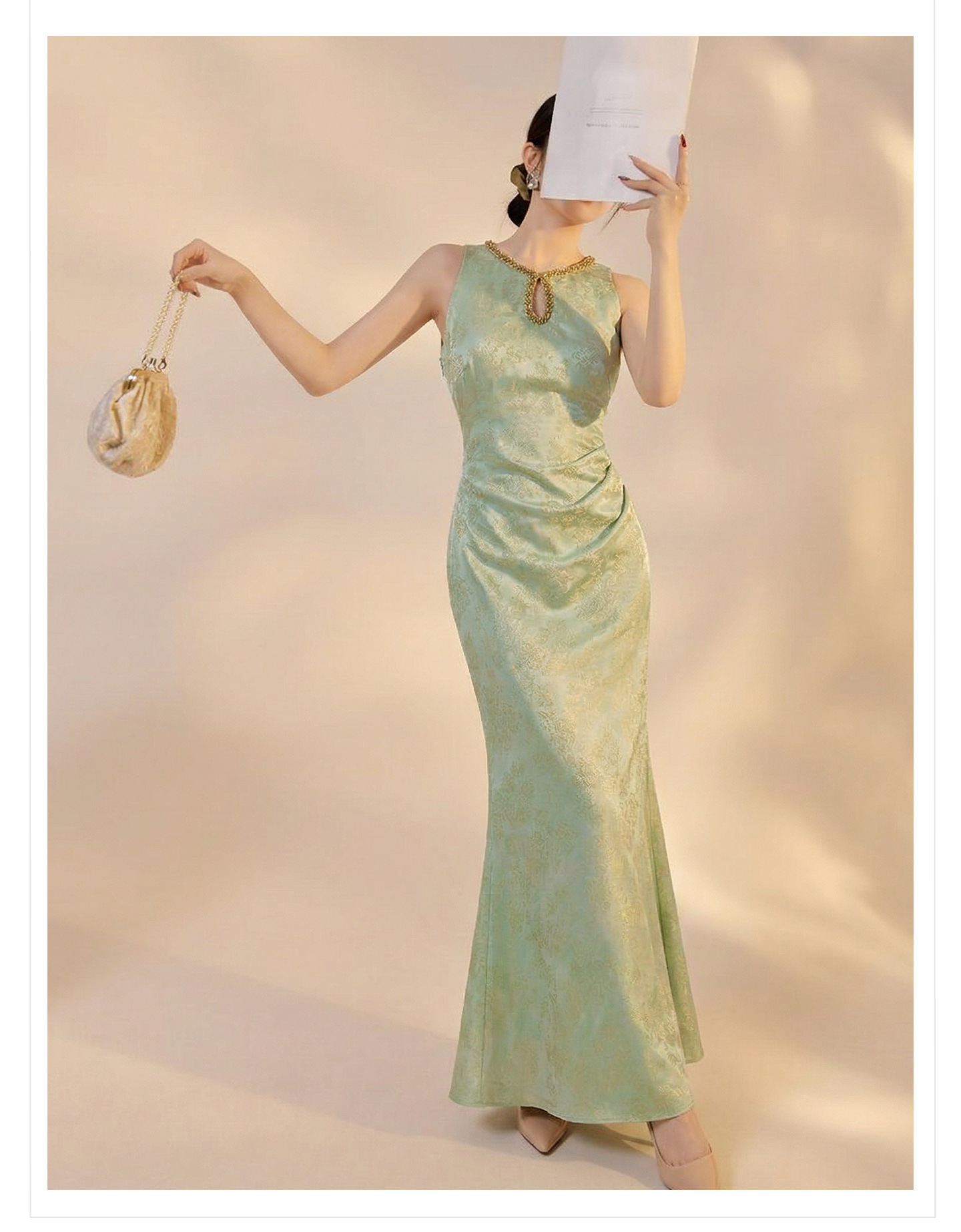 Váy sườn xám đính hôn thời trang nữ mùa hè mới nhất, váy dạ hội kiểu Trung Quốc mới — màu hồng, xanh lá cây chi tiết 22