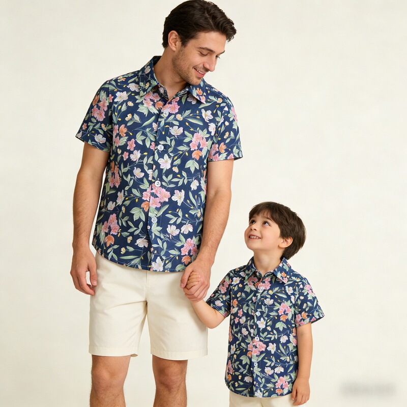 Summer Family Outfit Boys' Short-Sleeve Floral Shirt Trendy Dad-Son Floral Casual Hawaiian Vacation Style Collared Top Summer Family Outfit Boys' Short-Sleeve Floral Shirt Trendy Dad-Son Floral Casual Hawaiian Vacation Style Collared Top