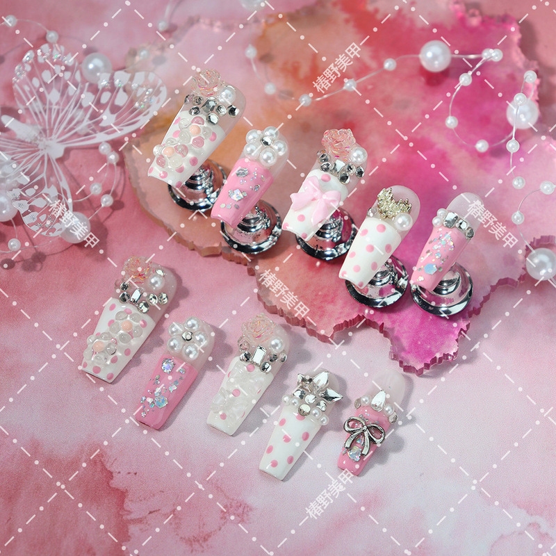 Pink and White Polka Dot Nail Art, Pearl Rose Bowknot Rhinestone Decoration, Girly Lolita Style Date Nail Stickers Pink and White Polka Dot Nail Art, Pearl Rose Bowknot Rhinestone Decoration, Girly Lolita Style Date Nail Stickers