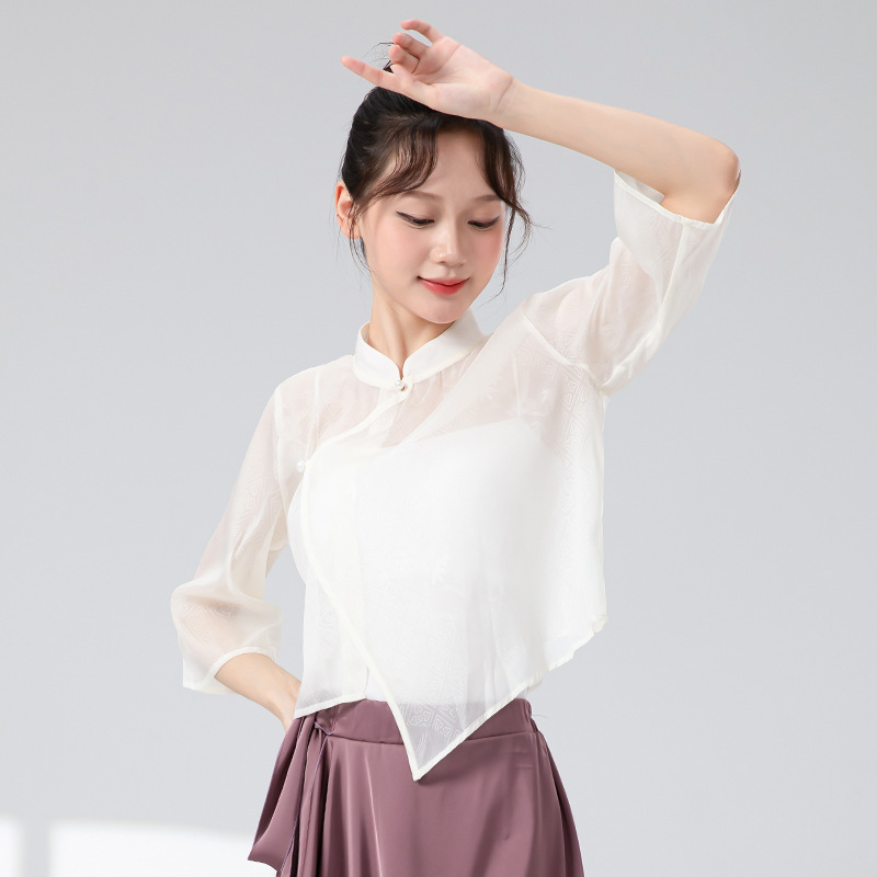 新中式古典舞练功服女新款中袖立领盘扣舞蹈服上衣国风日常演出服|undefined