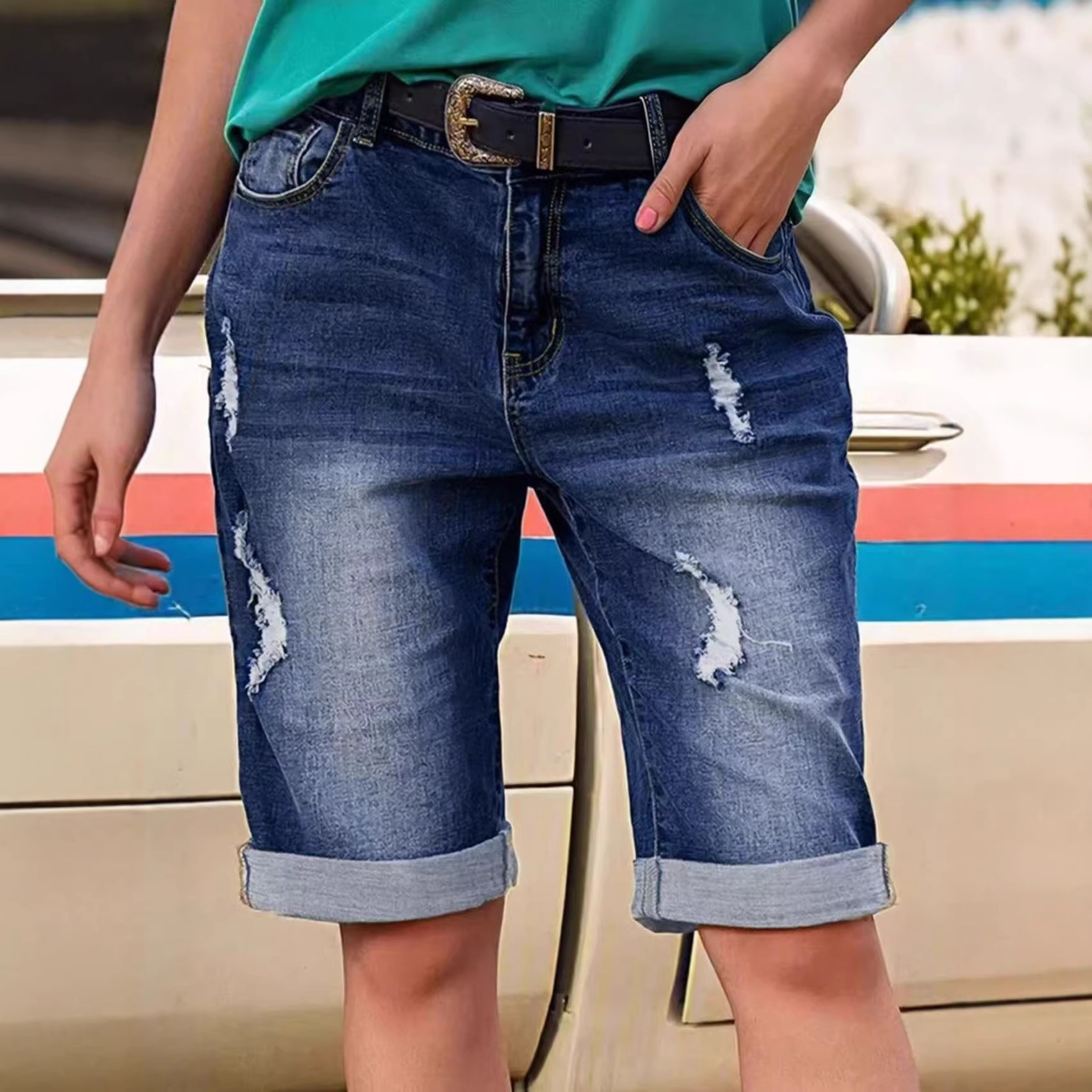 Jeans Capri con Roturas para Mujer, Mezclilla de Algodón y Poliéster, Ligeramente Elástico, Retro, para Uso Diario