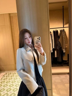 时髦甜美 翻领PU皮简约修身夹克短外套气质显瘦感百搭上衣女