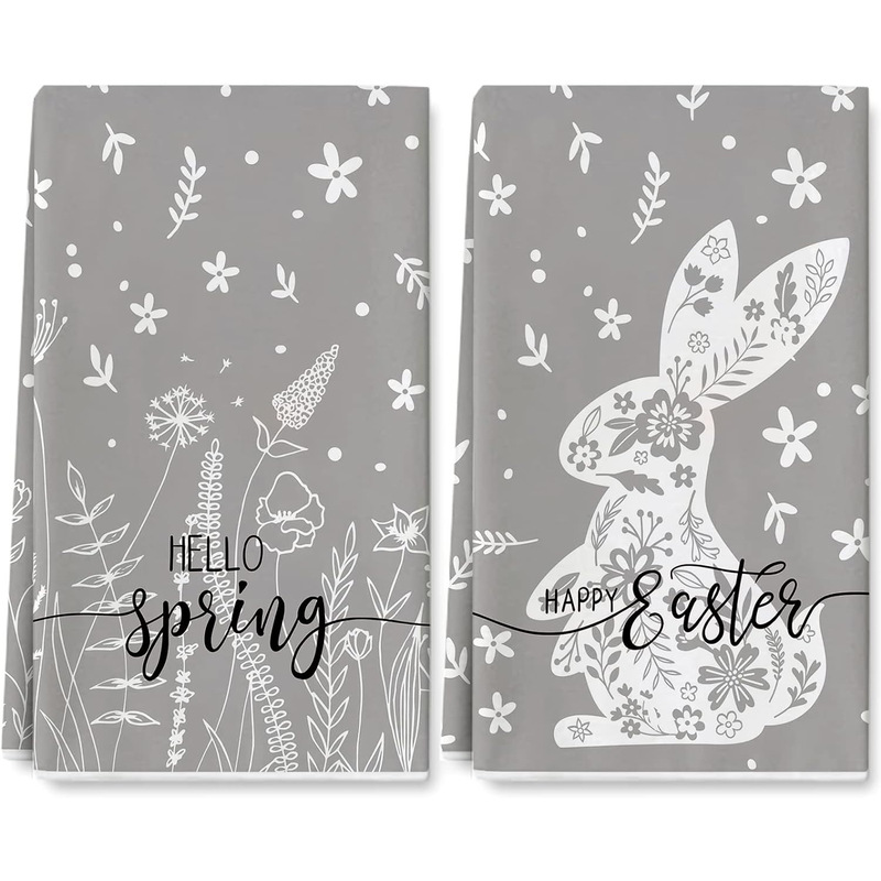 Easter spring kitchen towel gray farmhouse Easter rabbit floral dish towel country dry hand tea towel
