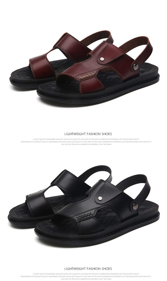 Dép sandal nam quai ngang hở ngón chất liệu da PU chống trơn, size lớn đi ngoài trời — Kaki, Màu xám, Đen toàn bộ, Đỏ rượu chi tiết 15