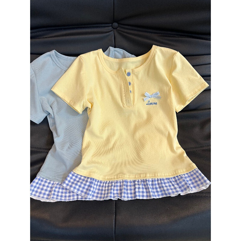 Dopamine Yellow Stitching Fake Two-piece T-shirt Women's Summer New Sweet Bow Design Sense Top for Small Men