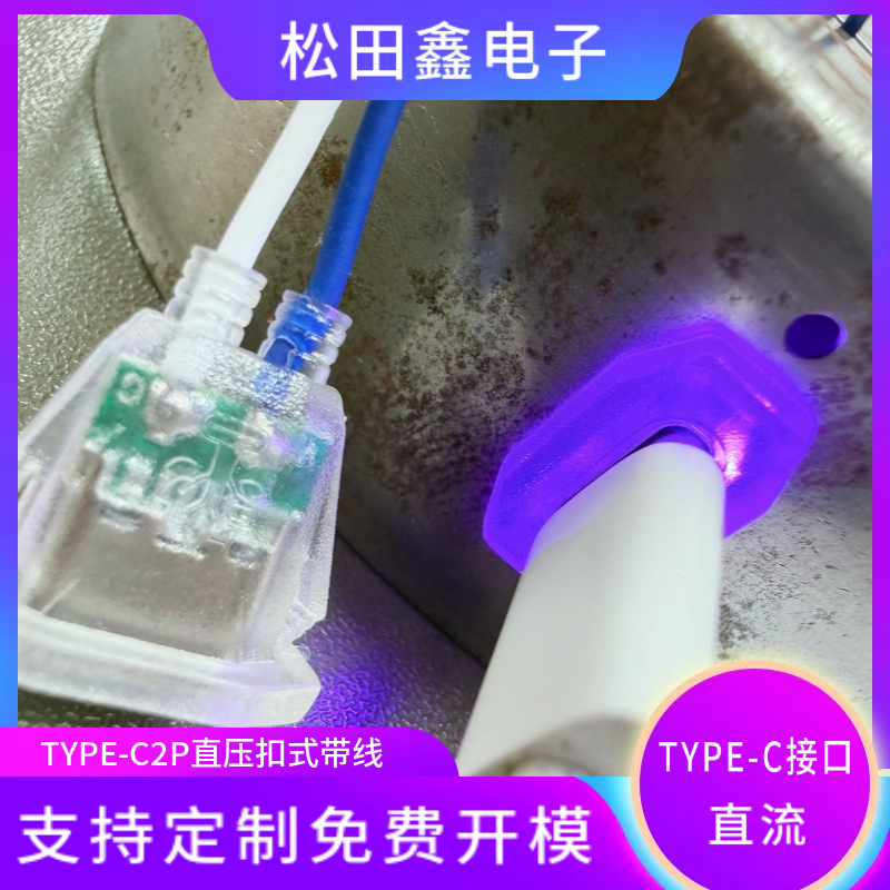 TYPE-C2P注胶母座直压式台灯椭圆充电口发紫光色type-c延长线接口