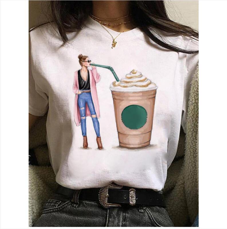 Fashion Women's T-shirt coffee time and girl print short sleeve female summer 90's girl casual T-shirt
