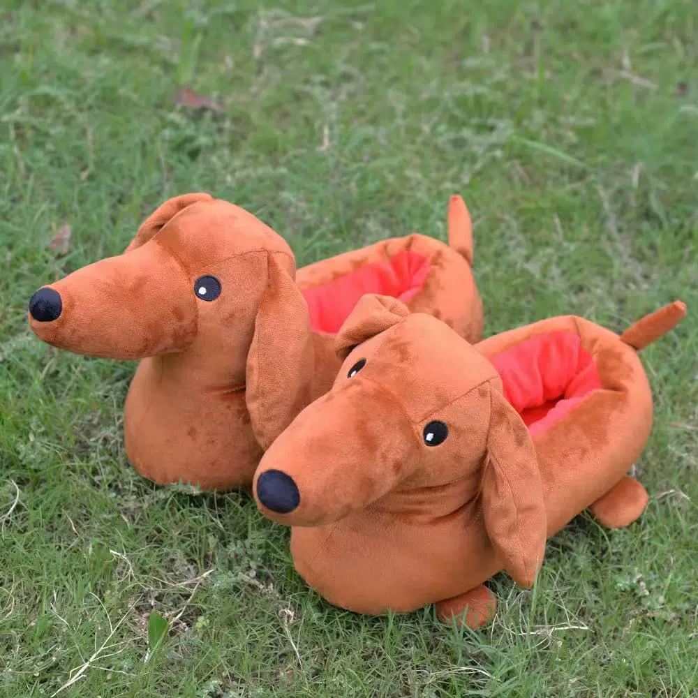 跨境新品 Dachshund plush slippers腊肠犬居家卧室冬季毛绒拖鞋