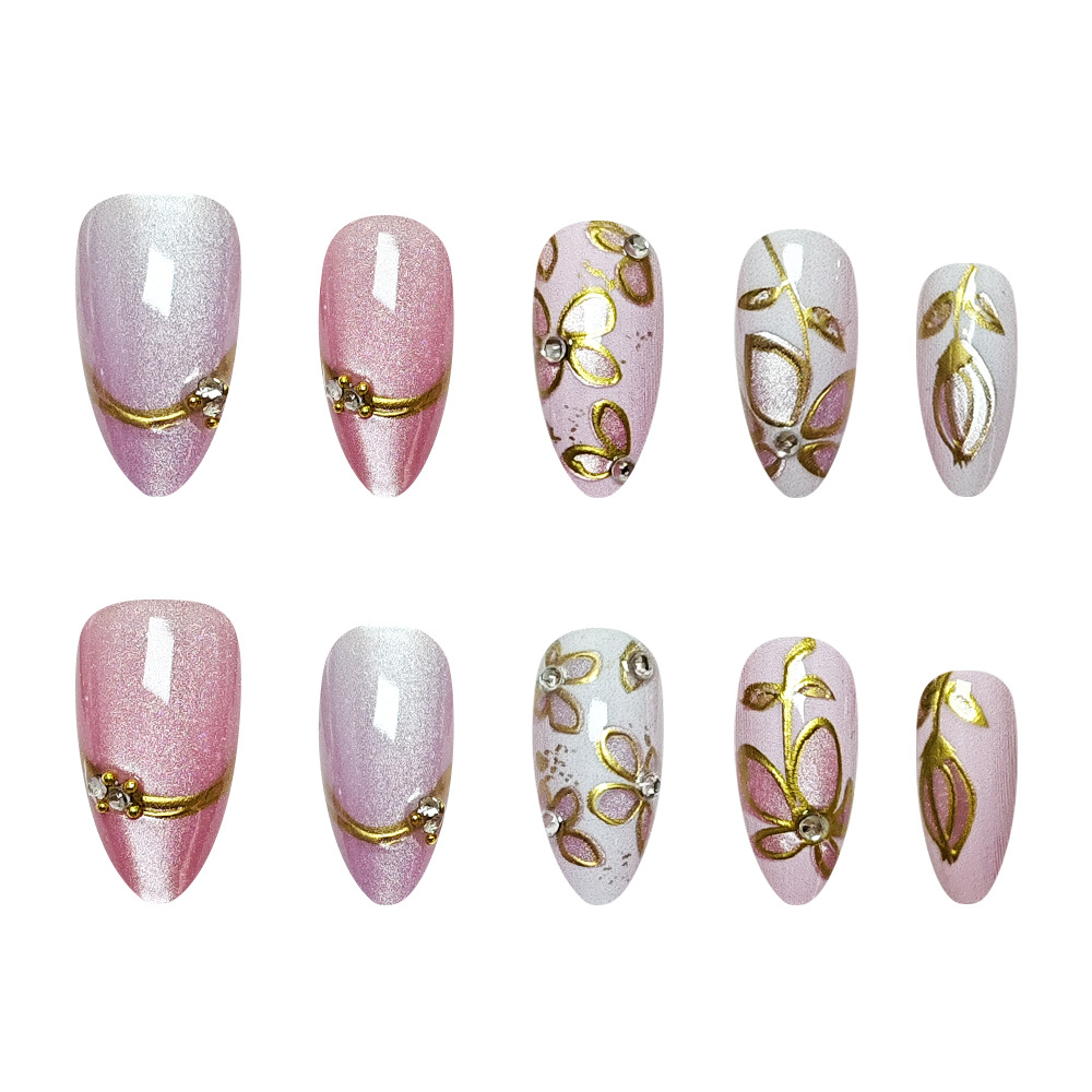 Comercio exterior estereoscópico LIP oro ojo de gato punto de perforación de uñas elegante polvo desnudo para usar uñas cortas 24 piezas de parche de uñas falsas