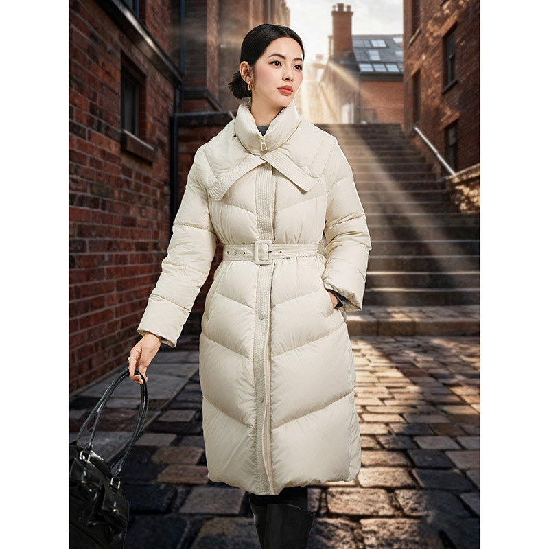 90白鸭绒羽绒服女2025秋冬季加厚双层领收腰显瘦假两件长款羽绒服