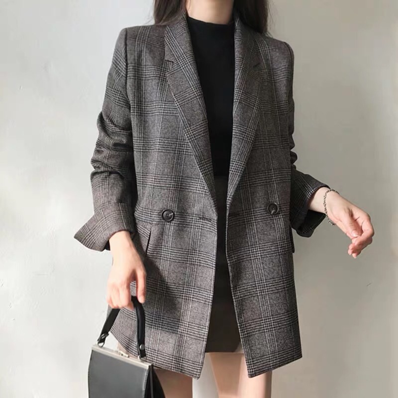 Women's Loose-Fitting Autumn Retro-Style Jacket With Grid Pattern, Wholesale Small Suit Tops_ecoleips.com