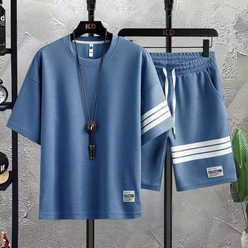 Sports Suit, Summer Thin Waffle-Style Loose Casual Top, T-Shirt Set with Shorts and Short Sleeves, Two-Piece Set