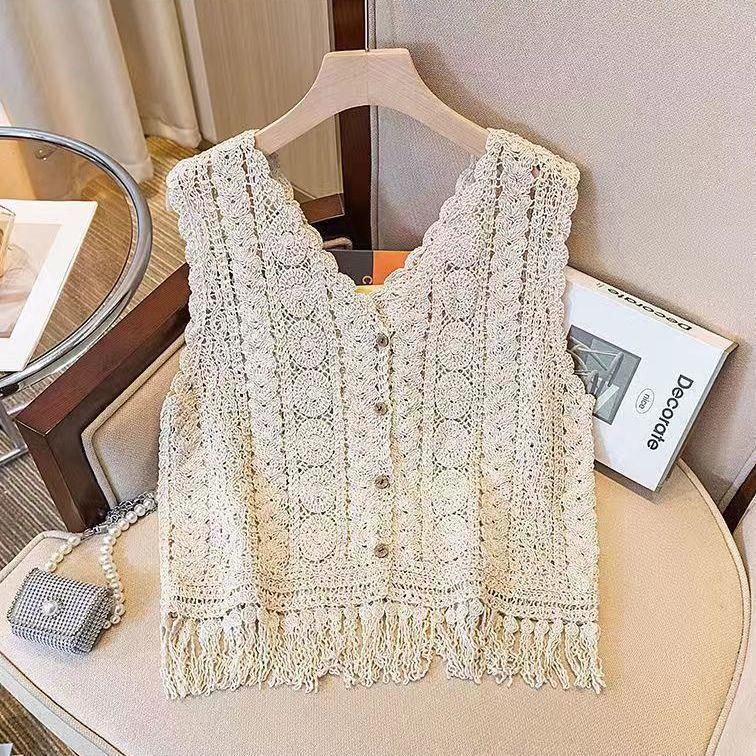Diseño de nicho francés hueco gancho chaleco de punto chaleco de vestir suelto con bordas sin mangas chaqueta