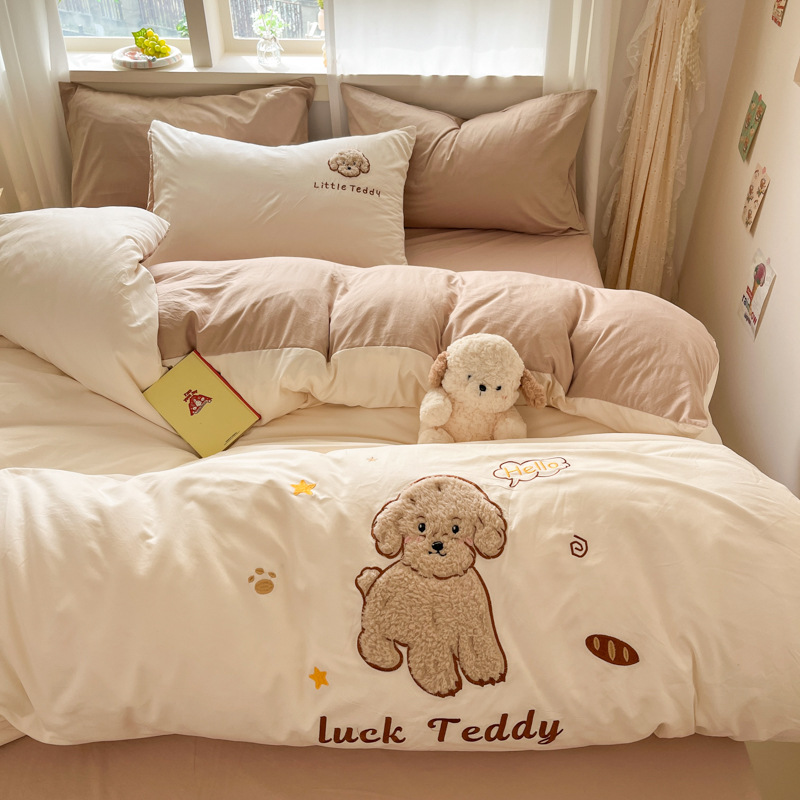 新款A类兔毛贴布绣卡通四件套ins风水洗棉三件套学生宿舍被套