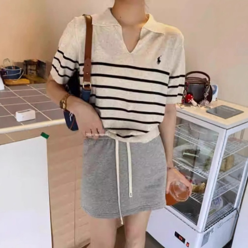 夏季POLO领T恤女藏蓝色条纹短袖人头马刺绣翻领t恤冰丝通勤|undefined