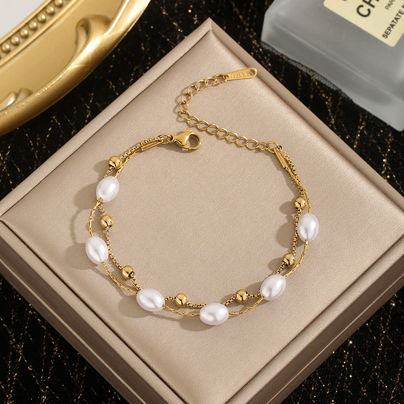 Cross-Border Fashion Light Luxury Versatile Pearl Splicing Trendy Jewelry Jewelry Wholesale Simple Design Titanium Steel Bracelet for Women Cross-Border Fashion Light Luxury Versatile Pearl Splicing Trendy Jewelry Jewelry Wholesale Simple Design Titanium Steel Bracelet for Women
