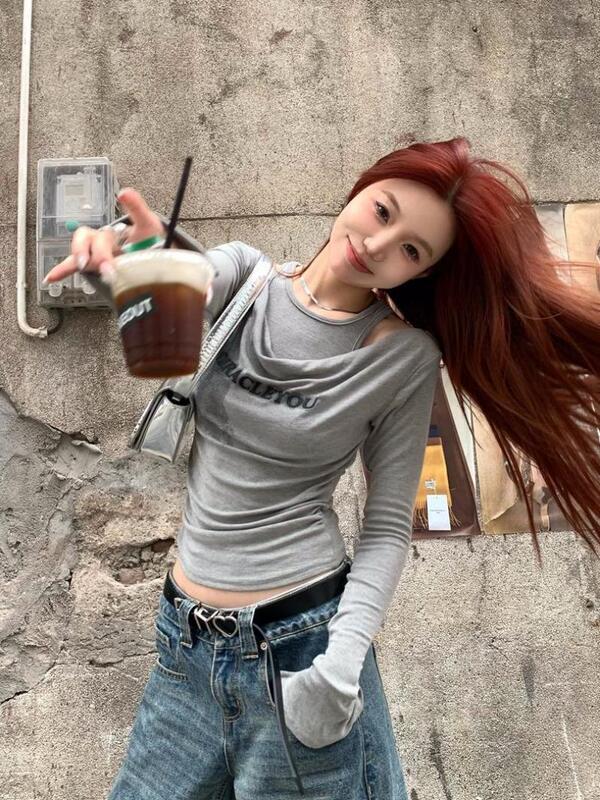 New Fake Two-Piece Letter Printed Halterneck Long-Sleeved T-Shirt for Women American Sexy Niche Slim Short Gray Top