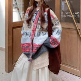 费尔岛圣诞带围巾复古毛衣慵懒高级感针织开衫女