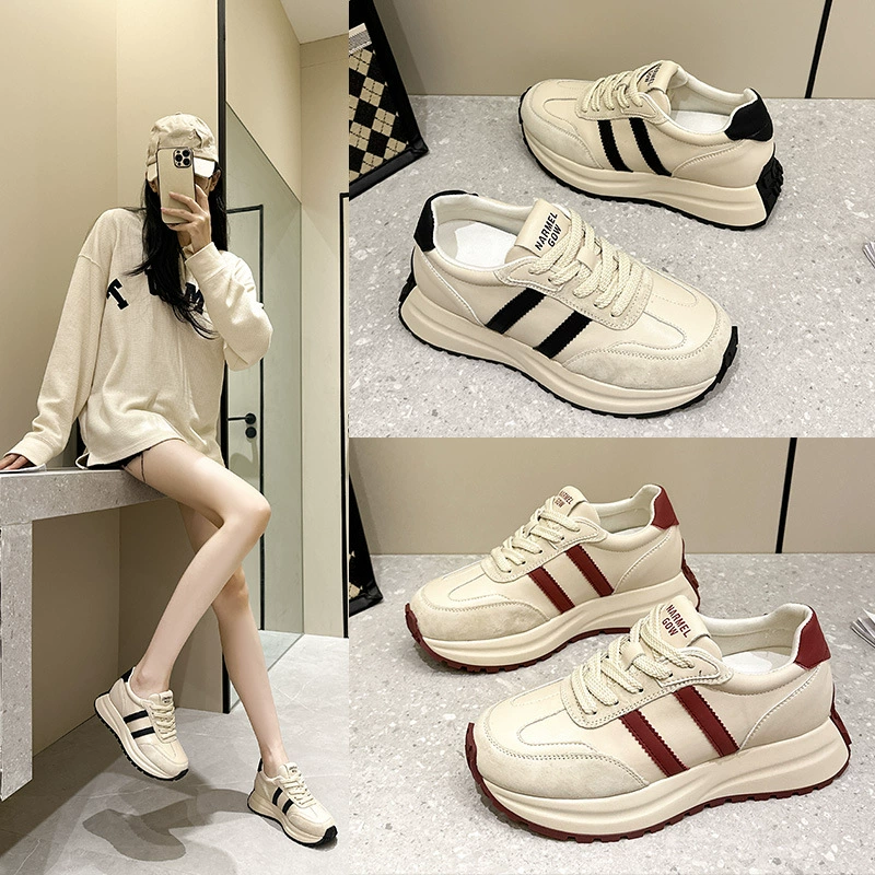 Малый размер арганда 2024 новая кожаная дикая студентка модная повседневная спортивная обувь с толстой подошвы и увеличенные маленькие белые туфли