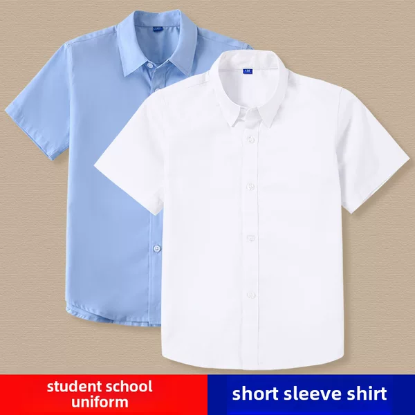 Boys' White Shirt Short-sleeved Pure Cotton Summer Thin School Uniform for Middle and High School Students Children's White Shirt
