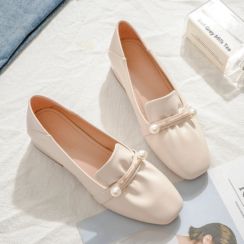 Soft Leather Evening Loafers for Women 2026 Spring/Summer New Style Square Toe Pearl Slip-On Shoes to Match with Skirts, Dual-Wear Flats