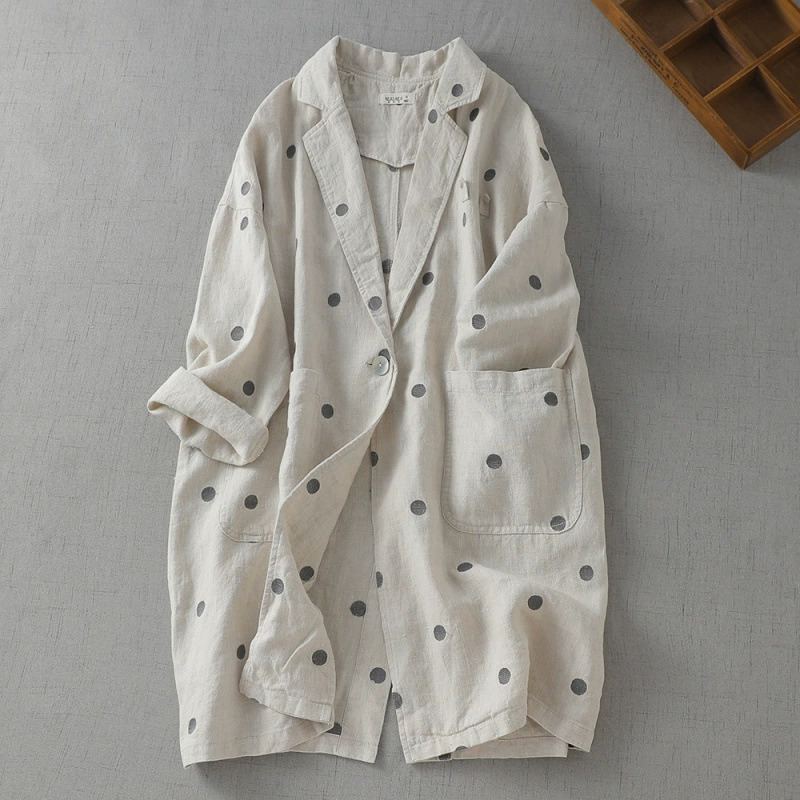 Осенняя женская льняная куртка в горошек с художественной вышивкой и длинными рукавами, свободный костюм средней длины в японском стиле с тонкой ветровкой
