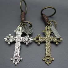 男士创意钥匙扣合金古铜十字架复古编织牛皮钥匙扣真皮挂件厂家