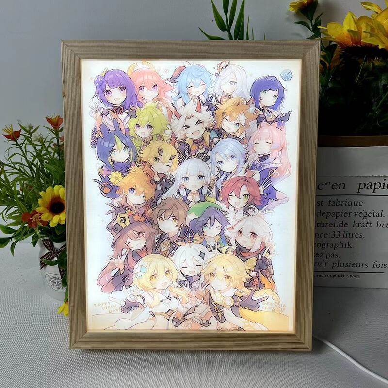 Factory Direct Sale of Three-Color Genshin Impact Light Painting with 11 Adjustable Brightness Levels, Luminous Desktop Ornament Night Light with Wooden Frame