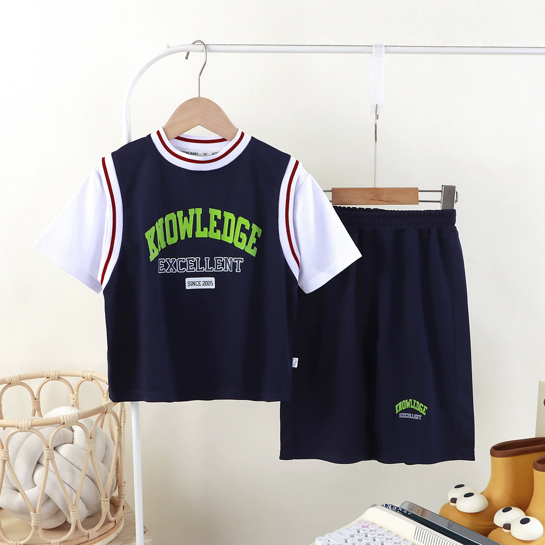 Children's uniform, quick dry breathable set, summer short sleeve T-shirt with letters, travel trousers, sports suit for boys
