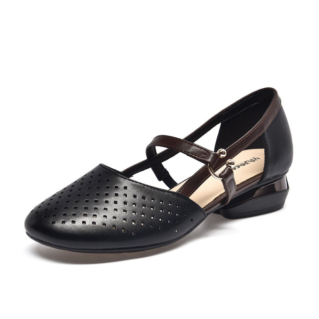 Sandal nữ da thật khoét lỗ mũi tròn đế bệt gót thấp — Màu đen
