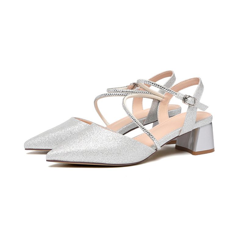 Sandal nữ gót trung bình mũi kín quai ngang khóa cài kiểu bướm — 7159 màu bạc, 7159 màu sâm panh