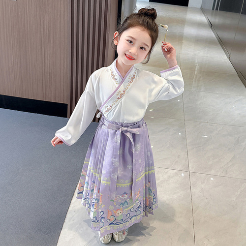 2024 New Girls Hanfu Spring and Autumn Clothing Children's Ruskirt Chinese Style Horse Face Skirt Little Girl Tang Suit Dress Trendy