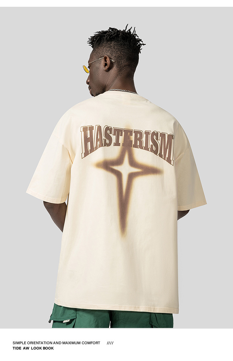 American High Street Fashion Brand T-shirt Men's Short Sleeve Star Print Loose Oversize Off Shoulder Cotton Round Neck_voghion.com
