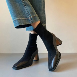 Mary Jane French Ankle Boots New 2024 Autumn and Winter Slip-on Martin Boots Stretch Elegant Square Toe Square Heel Thin Boots