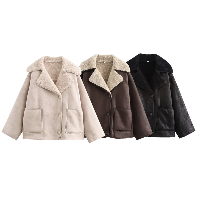 2025 Autumn/Winter Fashion Loose Fit Turn-Down Collar Oversized Shearling Long Sleeve Jacket for Women, Cross-Border Amazon Women's Clothing